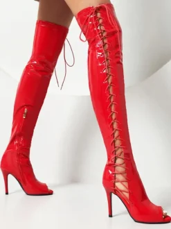 Bottes sexy rouges au-dessus du genou bout ouvert lacets talons hauts sandales au dessus du genou