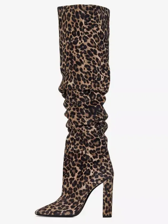 Bottes souples en daim kaki bout pointu talons épais bottes hautes chaussures