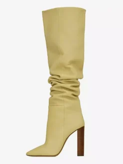 Bottes souples en daim kaki bout pointu talons épais bottes hautes chaussures
