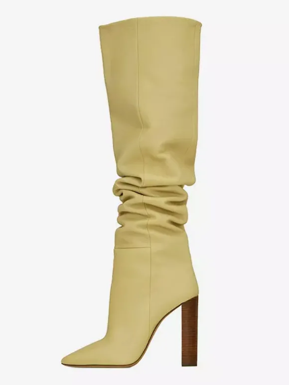 Bottes souples en daim kaki bout pointu talons épais bottes hautes chaussures