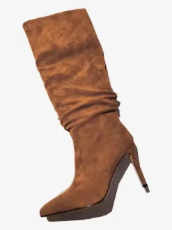 Bottes souples en daim marron à bout pointu et talon aiguille bottes mi-mollet