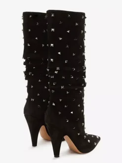 Bottes souples noires en daim à bout pointu et talon épais clouté mi-mollet