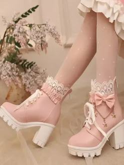 Bottes Sweet Lolita blanches à n艙uds en dentelle bout rond chaussures Lolita en cuir PU