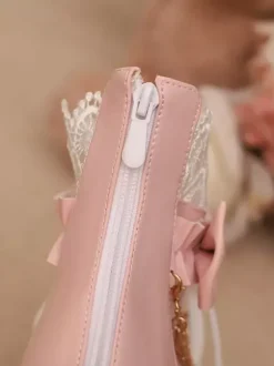 Bottes Sweet Lolita blanches à n艙uds en dentelle bout rond chaussures Lolita en cuir PU