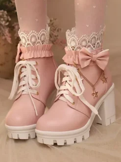 Bottes Sweet Lolita blanches à n艙uds en dentelle bout rond chaussures Lolita en cuir PU