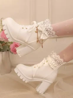 Bottes Sweet Lolita blanches à n艙uds en dentelle bout rond chaussures Lolita en cuir PU
