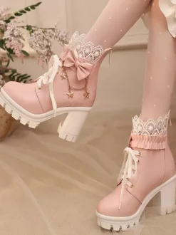Bottes Sweet Lolita blanches à n艙uds en dentelle bout rond chaussures Lolita en cuir PU