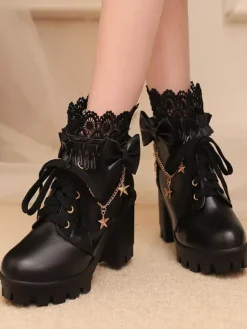 Bottes Sweet Lolita blanches à n艙uds en dentelle bout rond chaussures Lolita en cuir PU