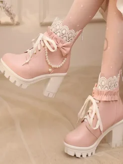 Bottes Sweet Lolita en cuir PU avec lacets et n艙uds bout rond chaussures Lolita noires