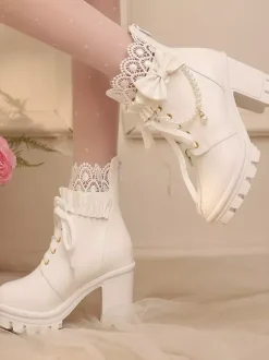 Bottes Sweet Lolita en cuir PU avec lacets et n艙uds bout rond chaussures Lolita noires