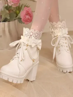 Bottes Sweet Lolita en cuir PU avec lacets et n艙uds bout rond chaussures Lolita noires