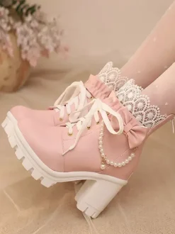 Bottes Sweet Lolita en cuir PU avec lacets et n艙uds bout rond chaussures Lolita noires