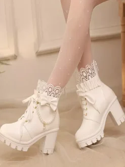 Bottes Sweet Lolita en cuir PU avec lacets et n艙uds bout rond chaussures Lolita noires