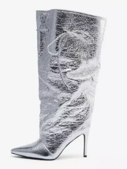 Bottes argentées à talons hauts et bout pointu pour femme