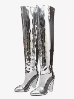 Bottes au-dessus du genou argentées bottes métalliques à bout pointu et talon épais cuissardes hautes