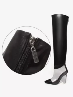Bottes au-dessus du genou argentées bottes métalliques à bout pointu et talon épais cuissardes hautes
