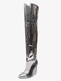 Bottes au-dessus du genou argentées bottes métalliques à bout pointu et talon épais cuissardes hautes