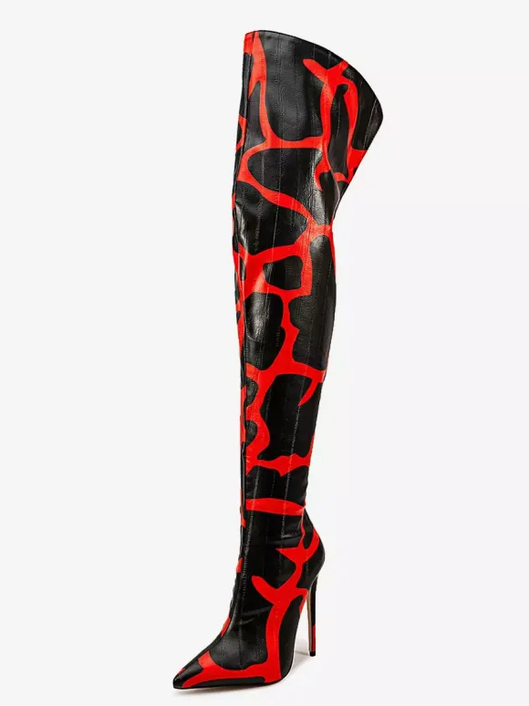 Bottes au-dessus du genou bout pointu imprimées talons hauts cuissardes