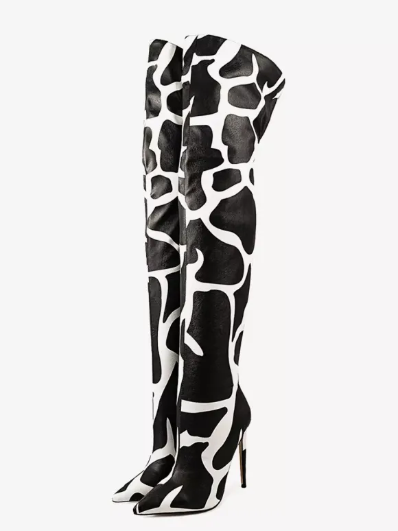 Bottes au-dessus du genou bout pointu imprimées talons hauts cuissardes