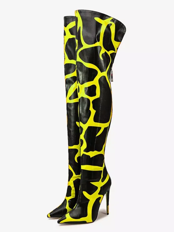 Bottes au-dessus du genou bout pointu imprimées talons hauts cuissardes