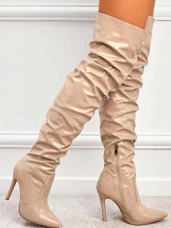 Bottes au-dessus du genou en cuir PU brillant à talon aiguille pour femmes