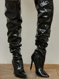 Bottes au-dessus du genou en cuir PU brillant à talon aiguille pour femmes