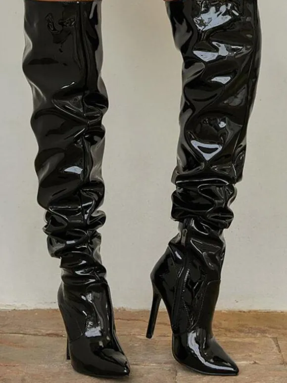 Bottes au-dessus du genou en cuir PU brillant à talon aiguille pour femmes