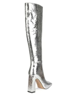 Bottes au genou argent bout carré imprimé serpent talon épais cuir brillant femmes longueur au genou bottes à talons hauts
