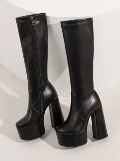 Bottes au Genou Femme à Talons Hauts avec Bout Rond en Cuir Synthétique Unicolore