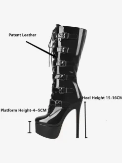Bottes au genou pour femmes en cuir PU Mi-mollet Boucle Talon aiguille