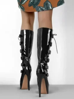 Bottes au genou pour femmes en cuir PU Mi-mollet Boucle Talon aiguille
