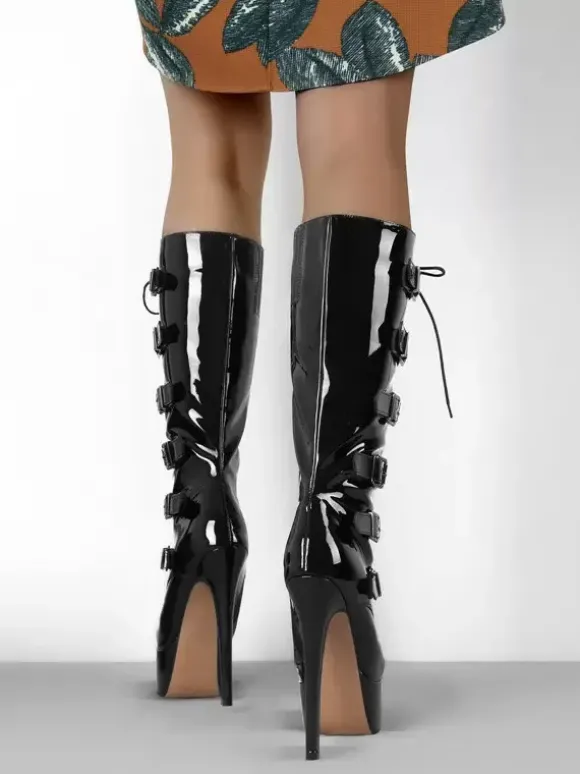 Bottes au genou pour femmes en cuir PU Mi-mollet Boucle Talon aiguille