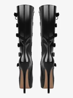 Bottes au genou pour femmes en cuir PU Mi-mollet Boucle Talon aiguille