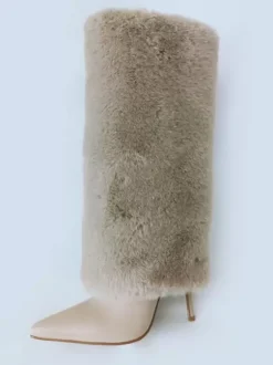 Bottes au Genou à Talons Hauts avec Bout Pointu en Cuir Synthétique Unicolore
