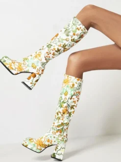 Bottes au Genou à Talons Hauts Femme Imprimés avec Bout Rond