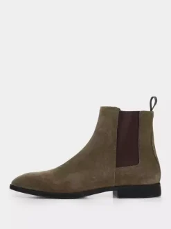 Bottes Chelsea pour hommes Bottines à enfiler à bout carré en micro-suède olive