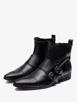 Bottes Chelsea pour hommes en cuir de vache noir à bout pointu et boucle à la cheville