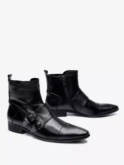 Bottes Chelsea pour hommes en cuir de vache noir à bout pointu et boucle à la cheville