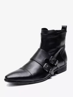 Bottes Chelsea pour hommes en cuir de vache noir à bout pointu et boucle à la cheville