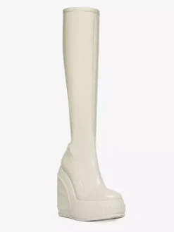 Bottes Compensées Hautes Au Genou Cuissardes Élastiques À Bout Rond Femme