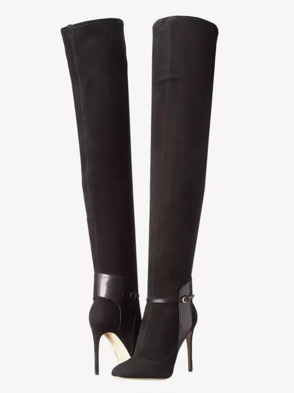 Bottes cuissardes en daim à bout pointu et talons hauts