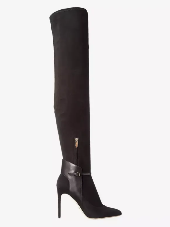 Bottes cuissardes en daim à bout pointu et talons hauts
