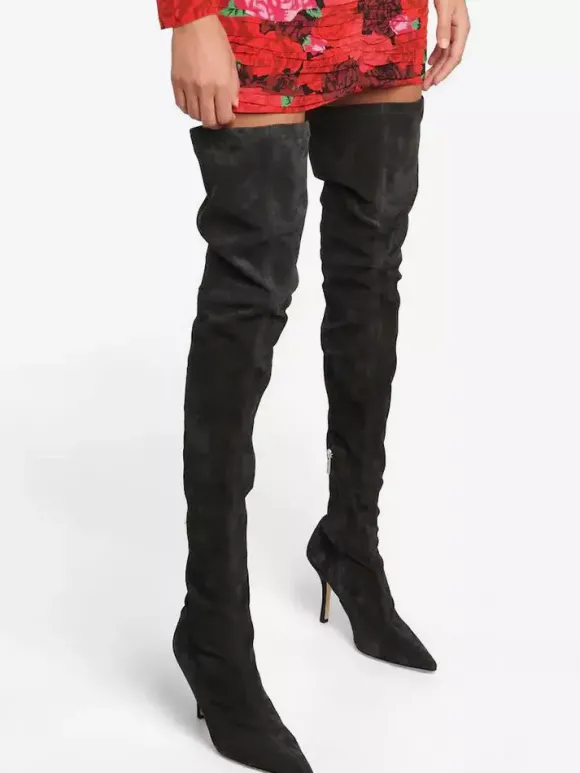 Bottes cuissardes en daim à talons hauts et bout pointu