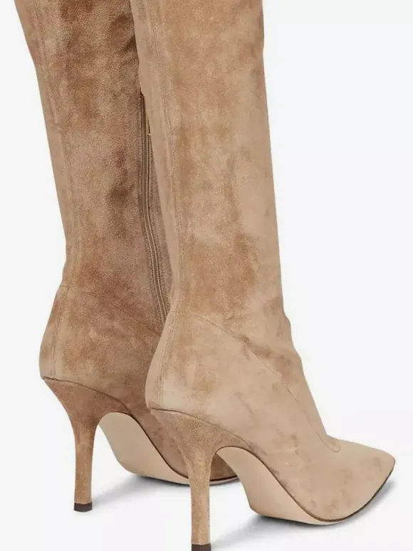 Bottes cuissardes en daim à talons hauts et bout pointu