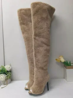 Bottes cuissardes en fausse fourrure à bout ouvert et talons hauts