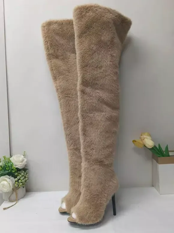 Bottes cuissardes en fausse fourrure à bout ouvert et talons hauts