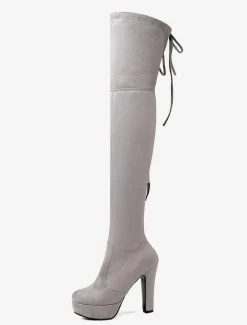 Bottes cuissardes femme noires à plateforme amande talon haut sur les bottes
