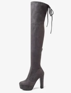 Bottes cuissardes femme noires à plateforme amande talon haut sur les bottes