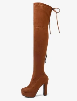 Bottes cuissardes femme noires à plateforme amande talon haut sur les bottes