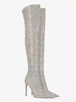 Bottes cuissardes à paillettes Bottes argentées à bout pointu et à talons hauts au-dessus du genou